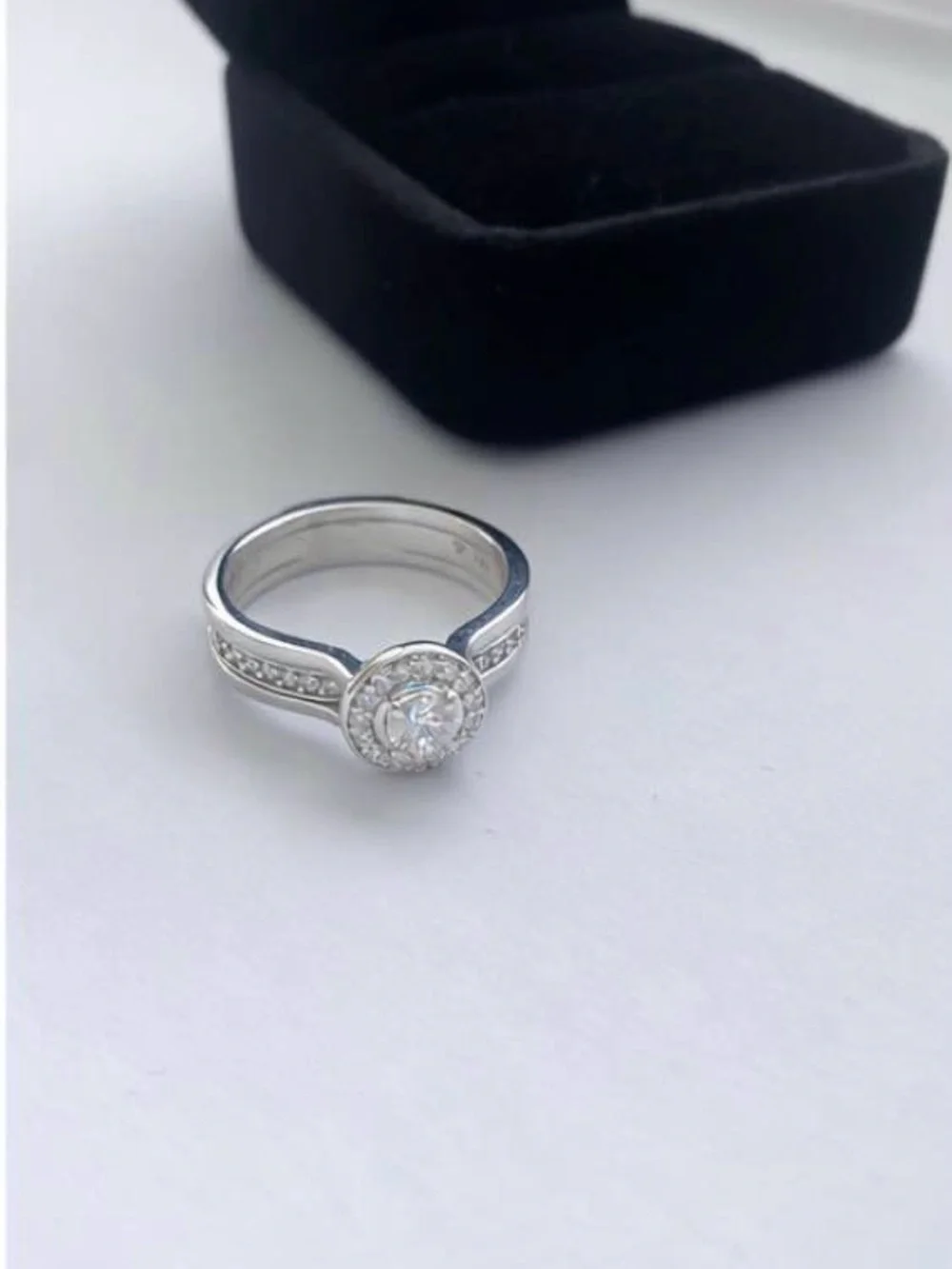 Elegant Silver-Tone Halo Engagement Ring with Clear Stones - White - Picture 2 of 4